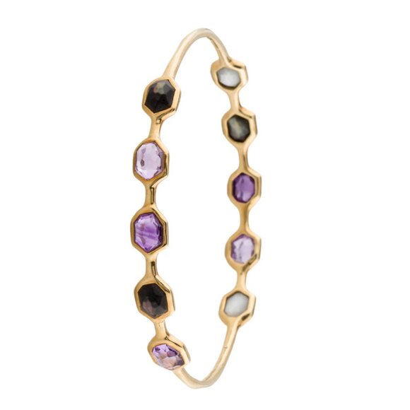 IPPOLITA 18K YG 750 MOTHER OF PEARL- QUARTZ DOUBLET & AMETHYST BANGLE BRACELET - Picture 2 of 7
